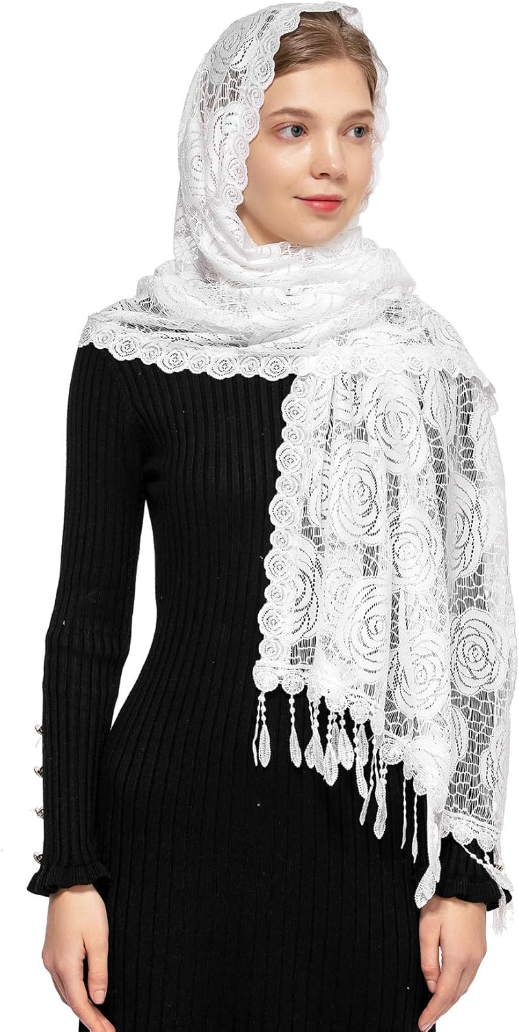 Wgior Rose Rectangular Chapel Veil Scarf Catholic Church Veils Mantilla Wrap Shawl Mass Head Covering - Image 1